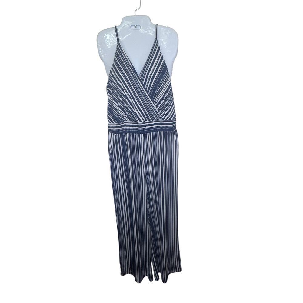 KAILEIGH Blue White Striped Spaghetti Strap Wide Leg‎ Jumpsuit Sz XL Petite
